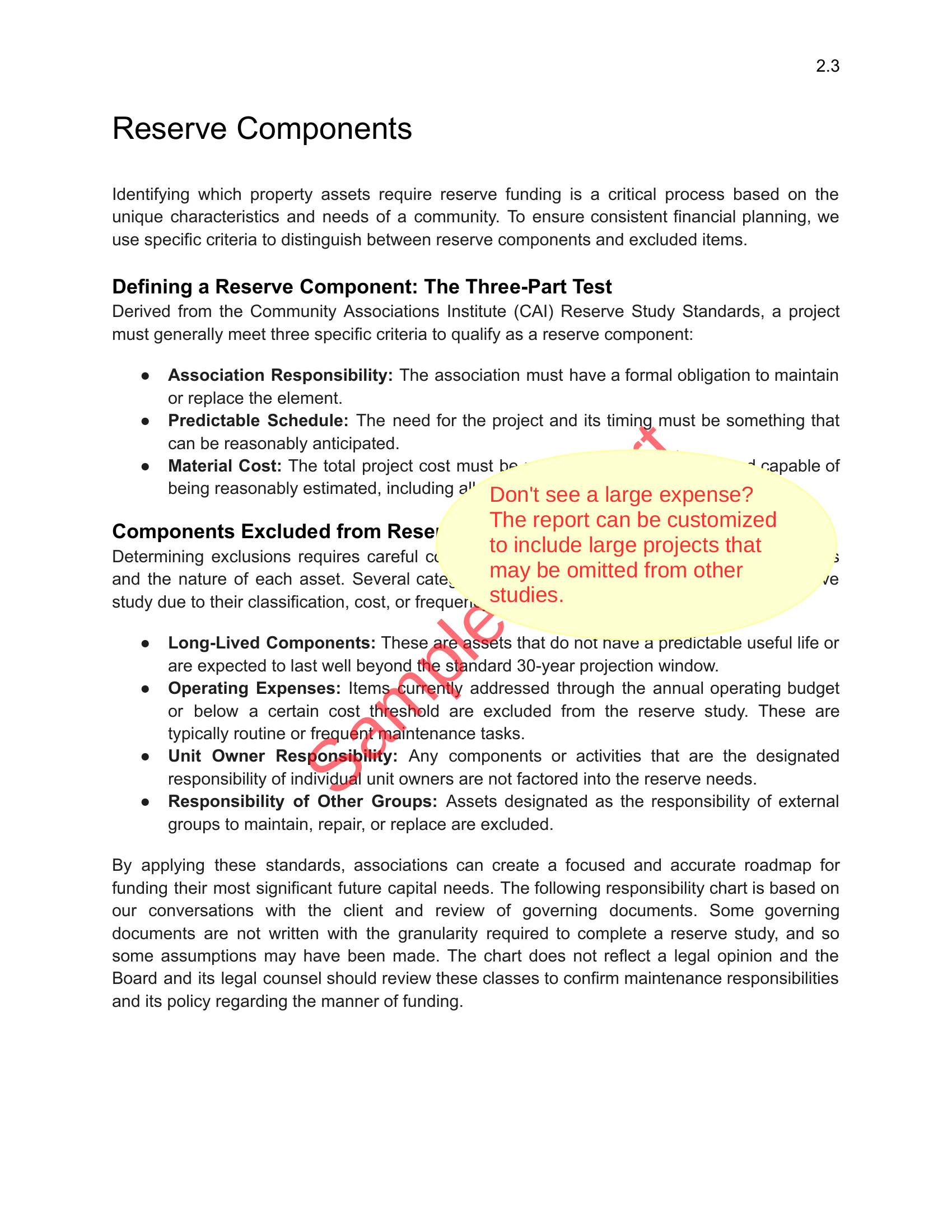 Component inventory page from the Iron City Reserves sample reserve study